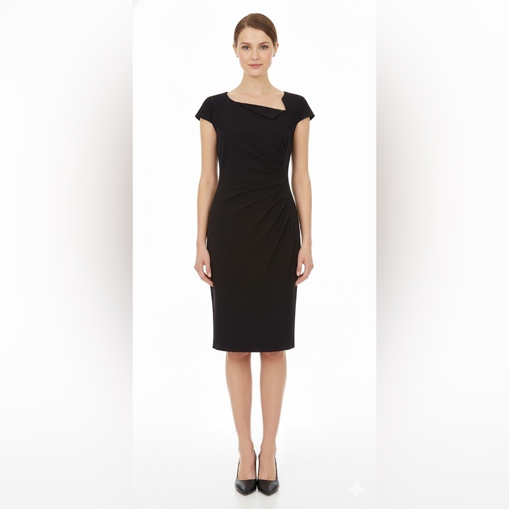 LK Bennett Black Cap Sleeve Classic Midi Sheath Dress LBD Size 8 Old Money